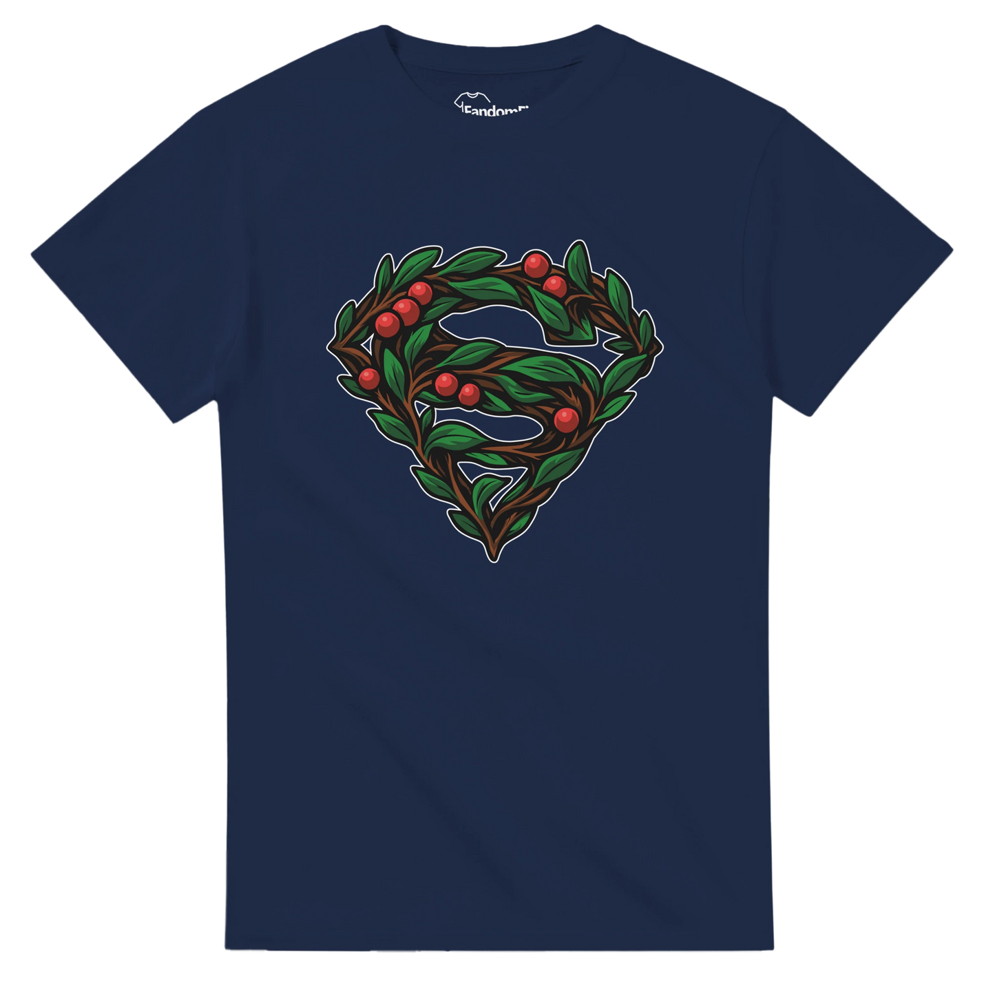 Detalle del símbolo vegetal Super-Santa, hojas entrelazadas y bayas rojas en diseño navideño friki