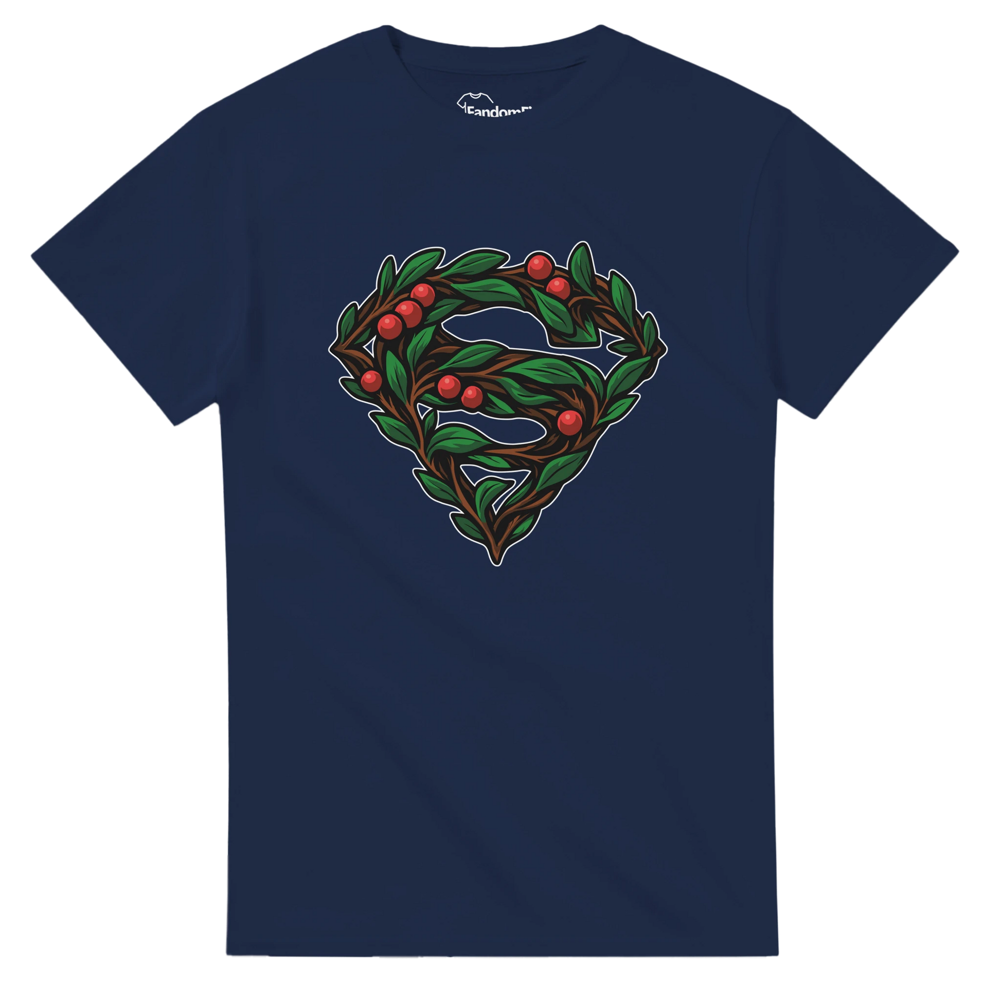 Detalle del símbolo vegetal Super-Santa, hojas entrelazadas y bayas rojas en diseño navideño friki