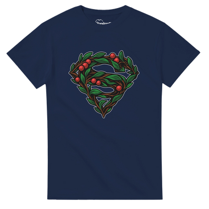 Detalle del símbolo vegetal Super-Santa, hojas entrelazadas y bayas rojas en diseño navideño friki