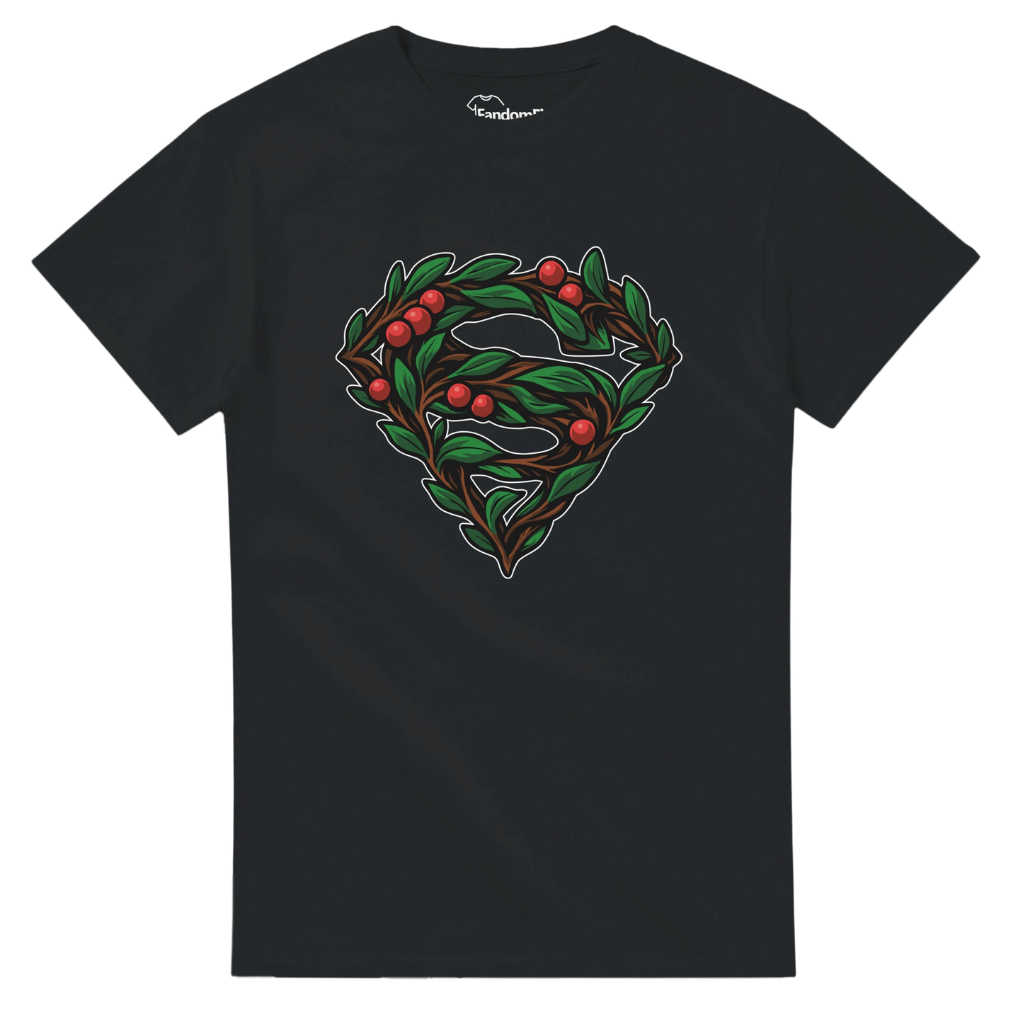 Vista tres cuartos de la camiseta Símbolo de Hojas Super-Santa, emblema vegetal navideño con forma heroica