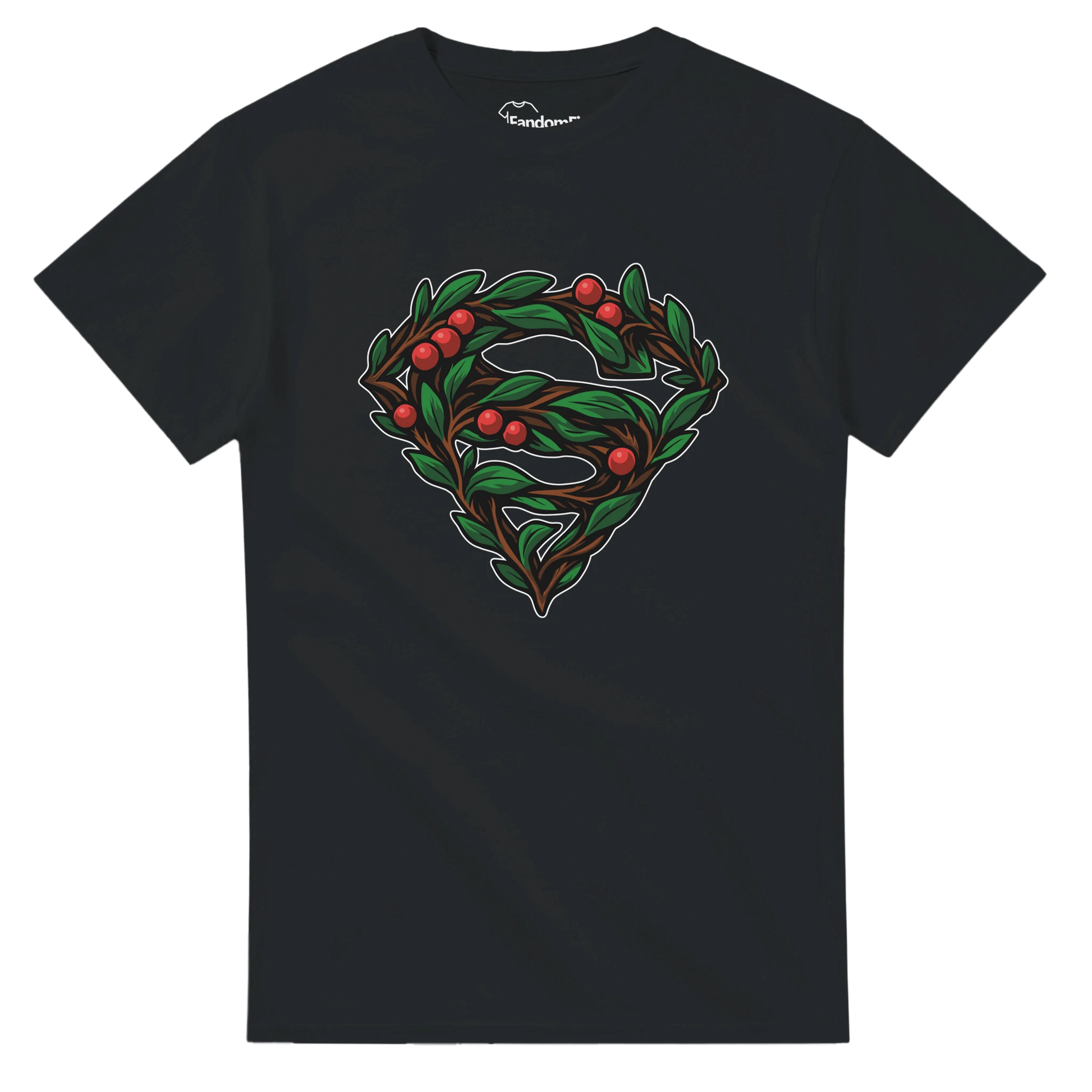 Vista tres cuartos de la camiseta Símbolo de Hojas Super-Santa, emblema vegetal navideño con forma heroica