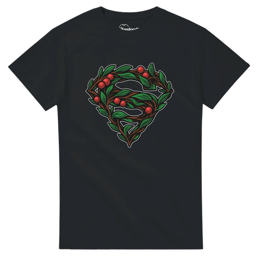 Vista tres cuartos de la camiseta Símbolo de Hojas Super-Santa, emblema vegetal navideño con forma heroica