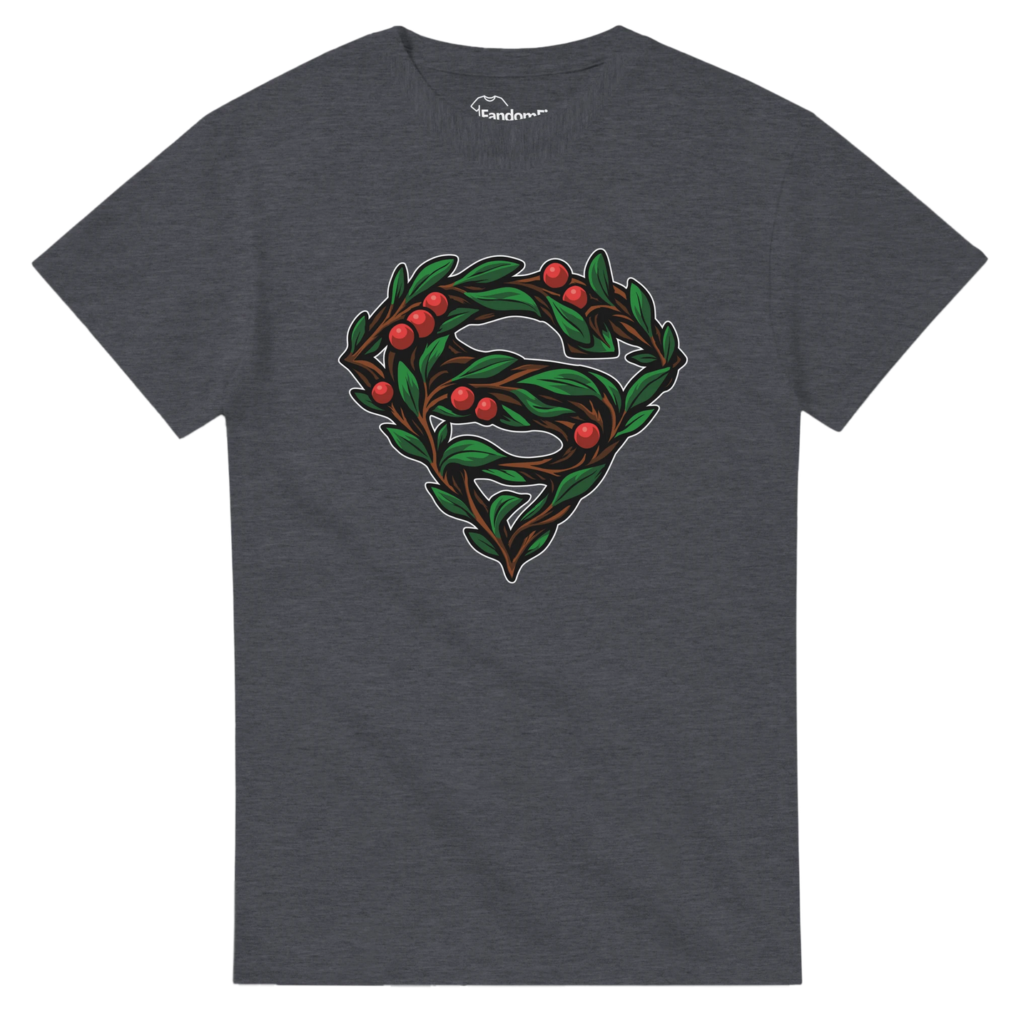 Camiseta friki navideña Símbolo de Hojas Super-Santa negra, diseño vegetal con bayas rojas, vista frontal