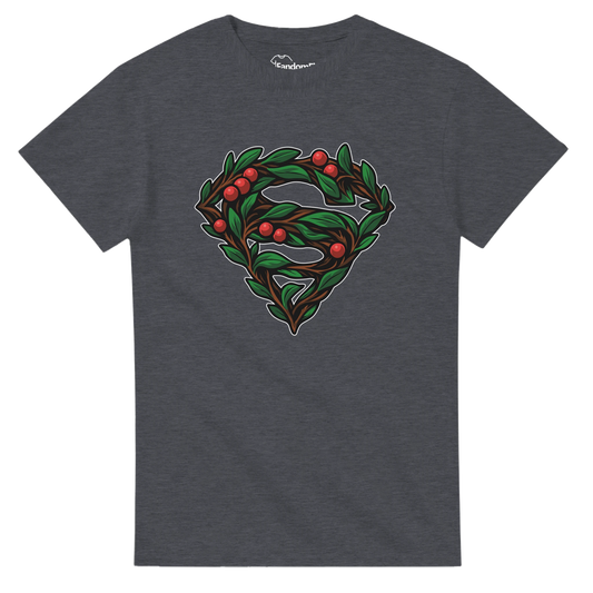 Camiseta friki navideña Símbolo de Hojas Super-Santa negra, diseño vegetal con bayas rojas, vista frontal