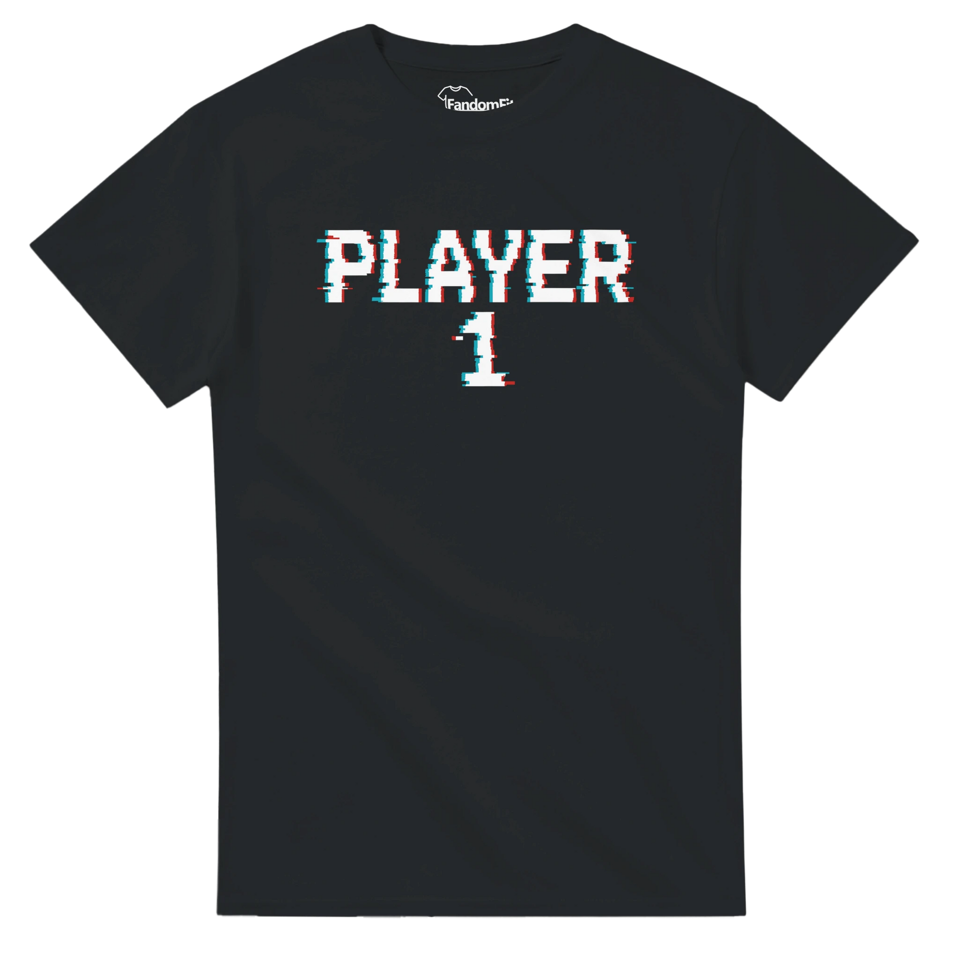 Camiseta retro Player 1 con efecto glitch arcade y estilo noventero – FandomFit