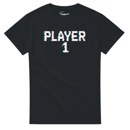 Camiseta retro Player 1 con efecto glitch arcade y estilo noventero – FandomFit