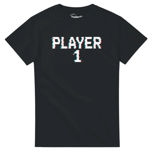 Camiseta retro Player 1 con efecto glitch arcade y estilo noventero – FandomFit