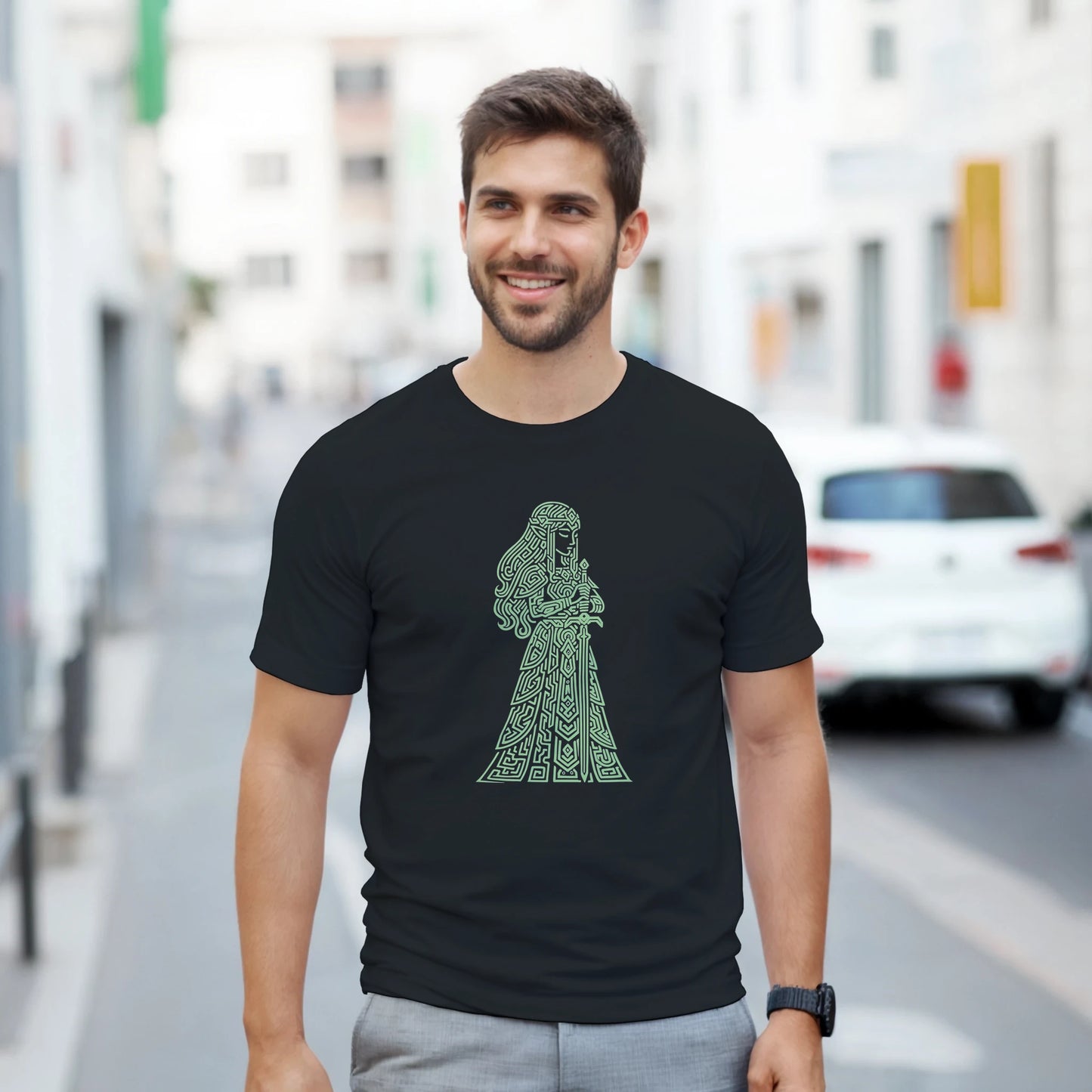 Camiseta estilo fantasy line art con modelo vistiendo diseño místico – FandomFit