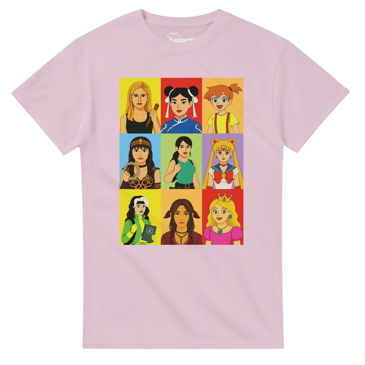 Camiseta videojuegos Pixel Queens con diseño de heroínas retro en mosaico – FandomFit