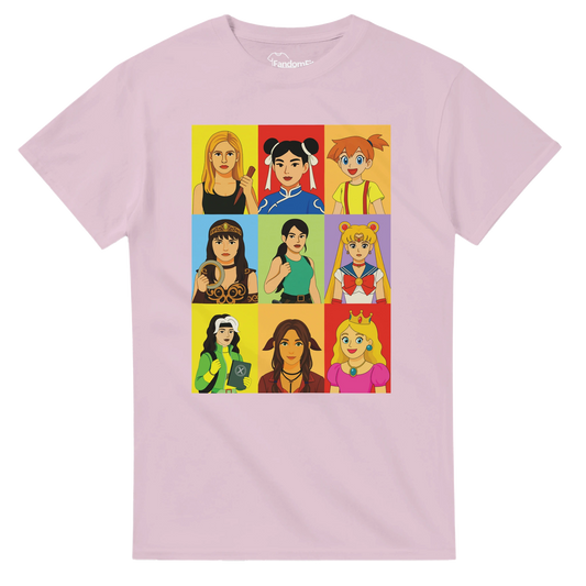 Camiseta videojuegos Pixel Queens con diseño de heroínas retro en mosaico – FandomFit