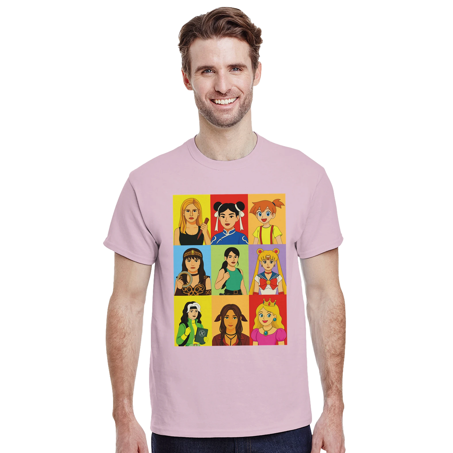 Modelo vistiendo camiseta Pixel Queens con diseño de heroínas retro – FandomFit