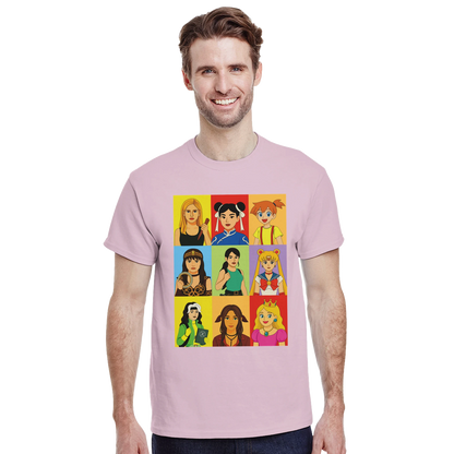 Modelo vistiendo camiseta Pixel Queens con diseño de heroínas retro – FandomFit