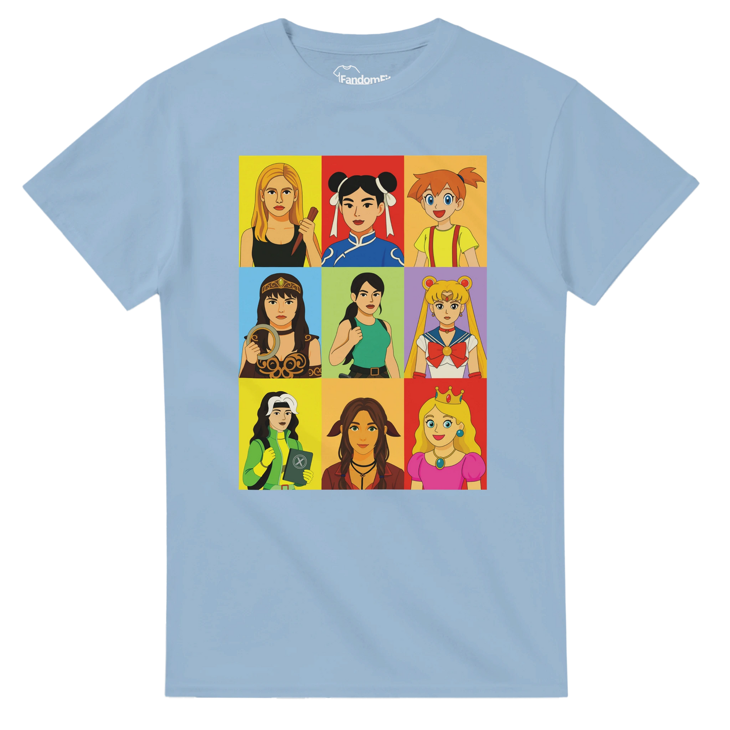 Camiseta Pixel Queens con diseño 3x3 de heroínas icónicas retro – FandomFit