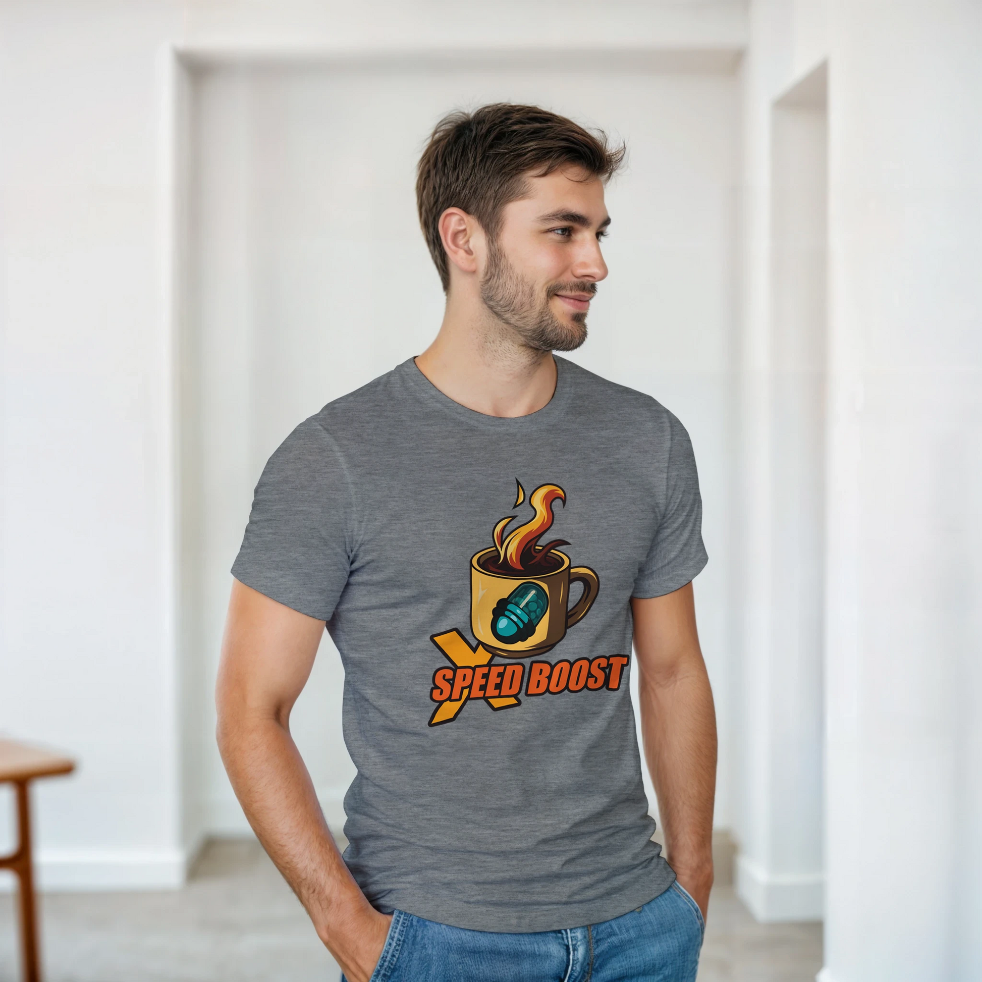 Modelo vistiendo camiseta videojuegos X Speed Boost Café de estilo gamer – FandomFit