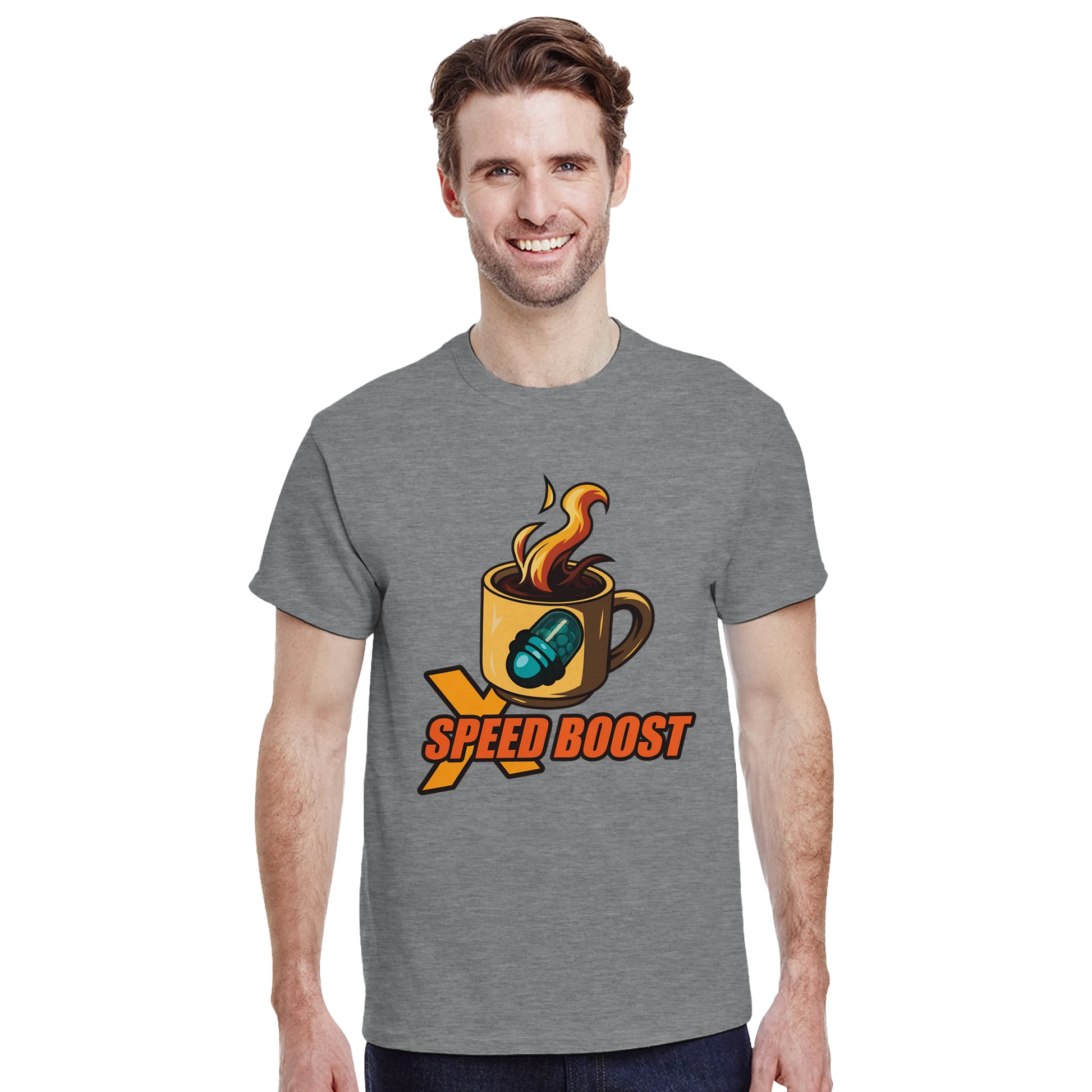 Modelo luciendo camiseta videojuegos X Speed Boost Café con diseño pixel retro – FandomFit