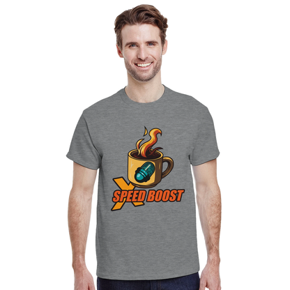 Modelo luciendo camiseta videojuegos X Speed Boost Café con diseño pixel retro – FandomFit