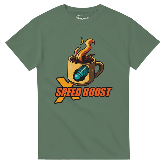 Camiseta videojuegos X Speed Boost con temática de café y estética pixel art – FandomFit