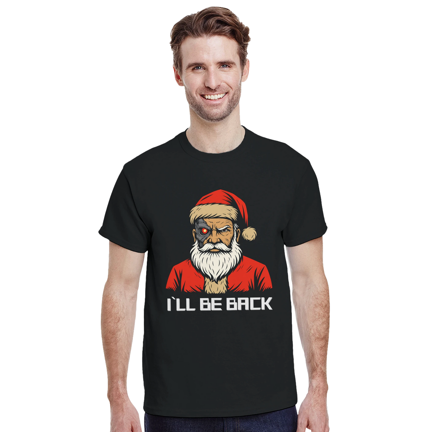 Modelo riendo con camiseta Santa Cyborg, estilo casual festivo