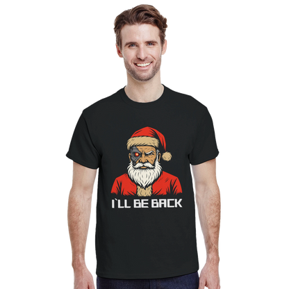 Modelo riendo con camiseta Santa Cyborg, estilo casual festivo