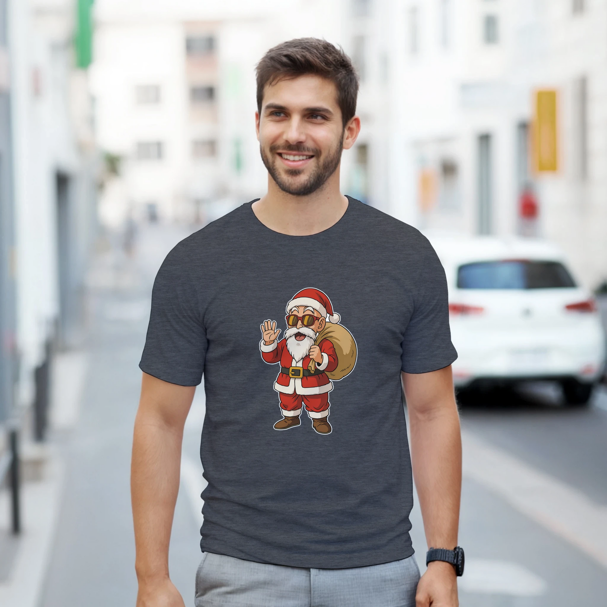 Modelo vistiendo la camiseta navideña friki Santa-House en un look casual con estética anime