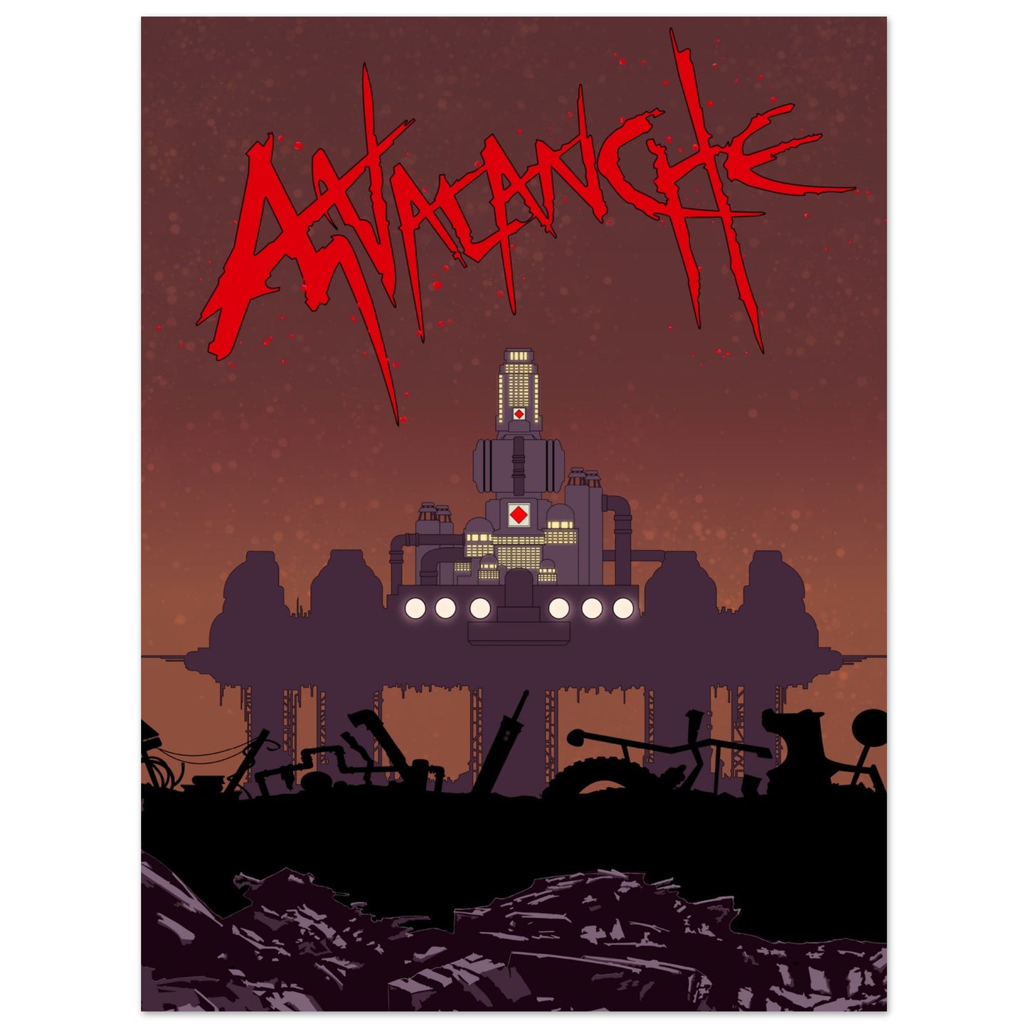 Póster gamer 30x40 cm con paisaje industrial retro y ambiente eco-punk, ideal para fans de la estética steampunk y los mundos de rol.