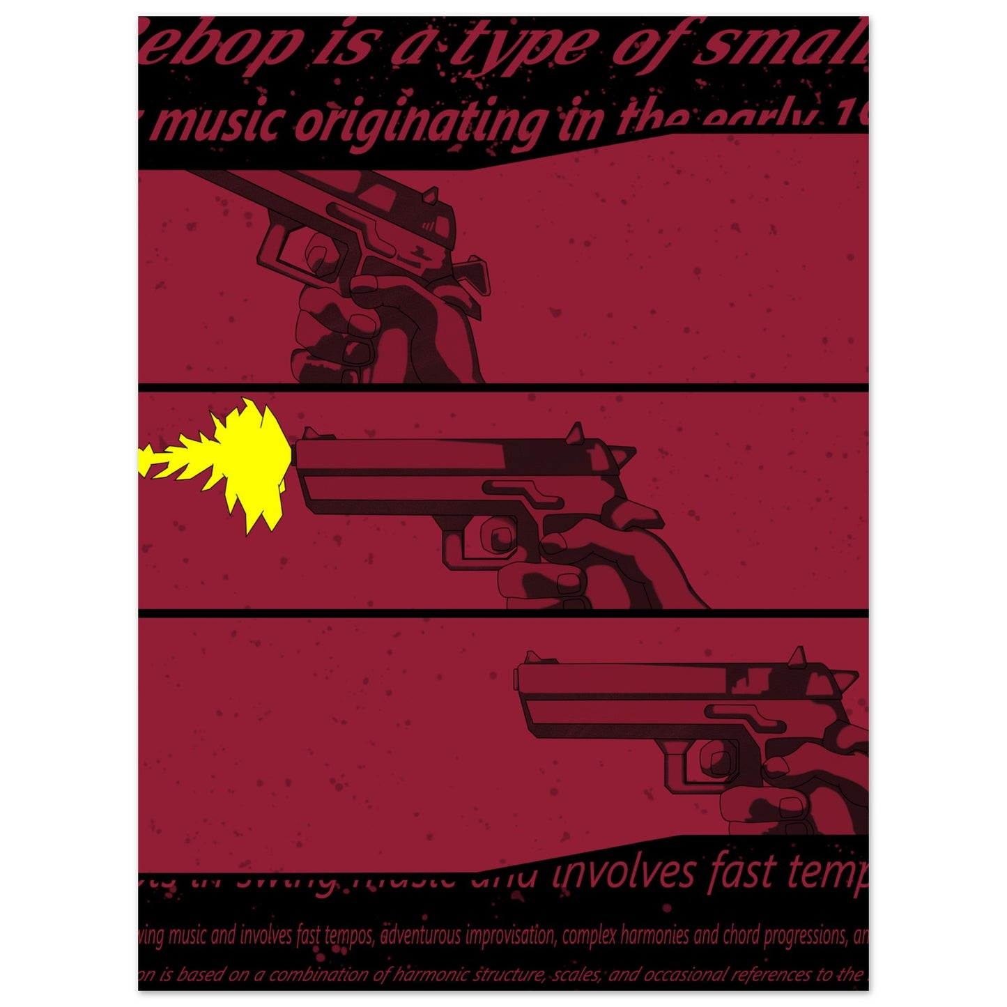 Póster anime 30x40 cm con diseño space-noir, estética cinematográfica, tonos oscuros y estilo musical inspirado en la animación clásica japonesa.