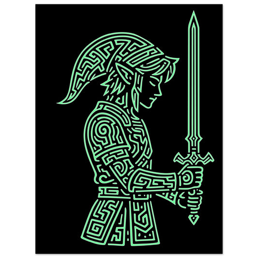 Póster gamer retro 30x40 cm con ilustración line art de un héroe de fantasía, diseño épico en estilo clásico de aventura.