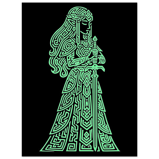 Póster videojuegos retro 30x40 cm con arte lineal rúnico de una princesa guardiana, ideal para decoración gamer con estética legendaria.