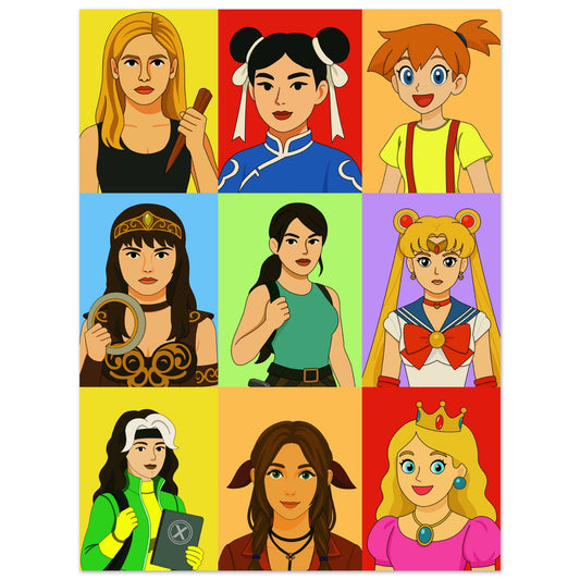 Póster heroínas retro 30x40 cm con mosaico colorido de personajes femeninos icónicos del cine, videojuegos y cultura pop.