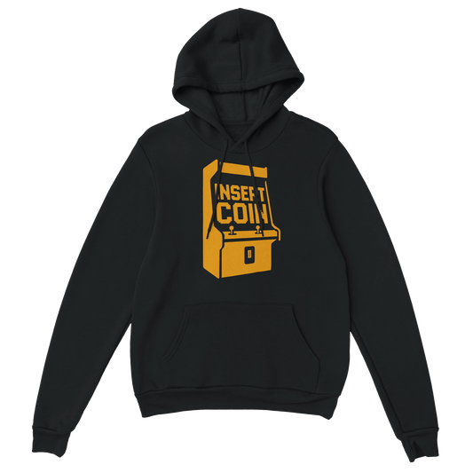 sudadera con capucha “Insert Coin” de FandomFit, diseño gamer unisex con espíritu clásico y estética de recreativa