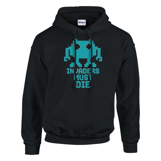 sudadera gamer “Invaders Must Die” de FandomFit, diseño unisex con estética retro pixel y estilo ochentero