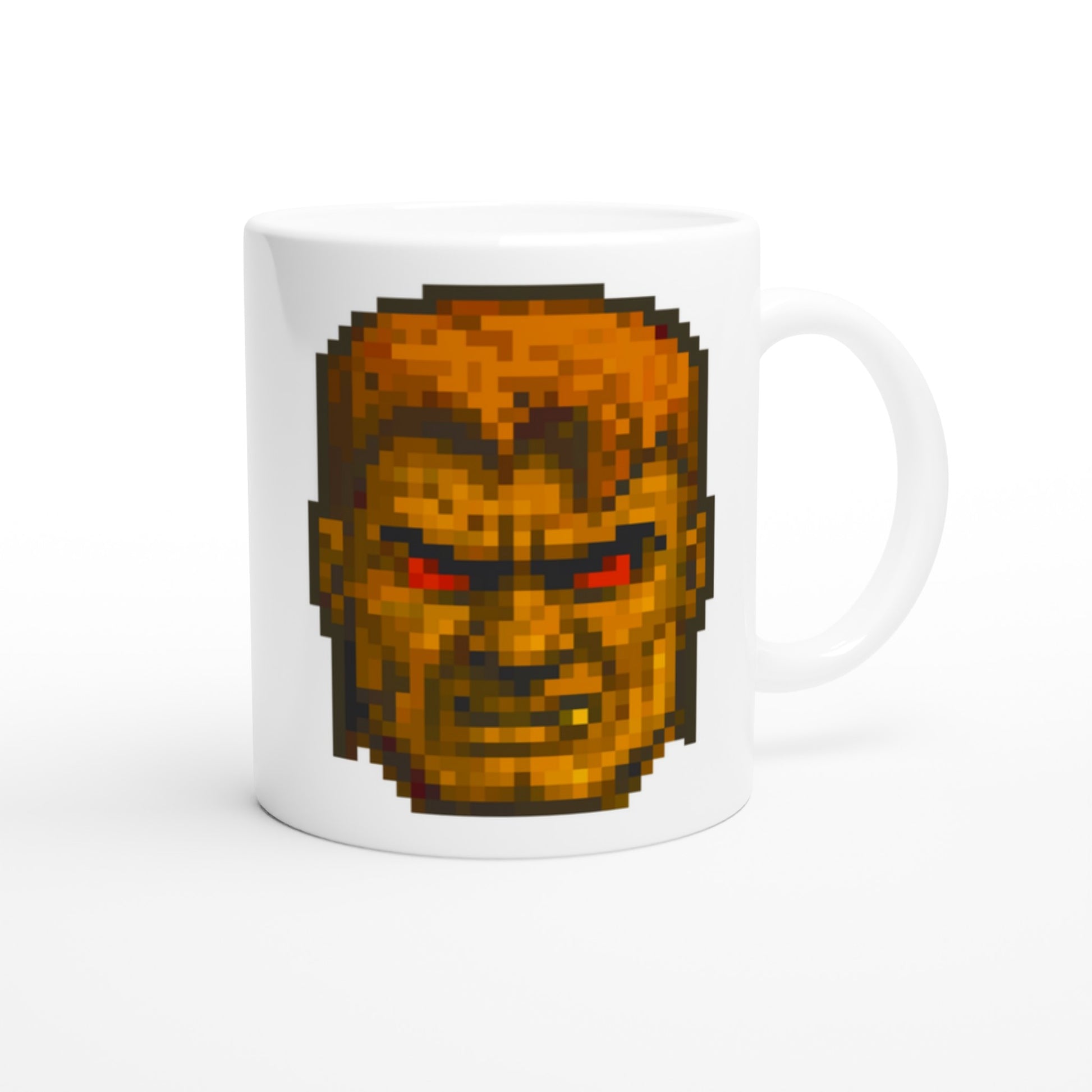 Taza friki No Mercy Before My Coffee 325 ml vista frontal, diseño pixel art gamer con frase divertida y acabado brillante clásico.