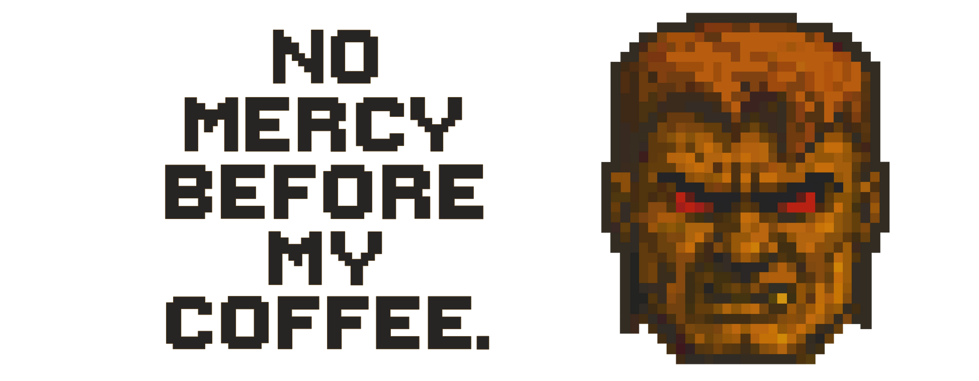 Diseño completo de la taza friki No Mercy Before My Coffee 440 ml, ilustración pixel art con frase gamer y estética retro noventera.