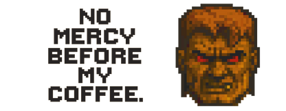 Diseño completo de la taza friki No Mercy Before My Coffee 440 ml, ilustración pixel art con frase gamer y estética retro noventera.