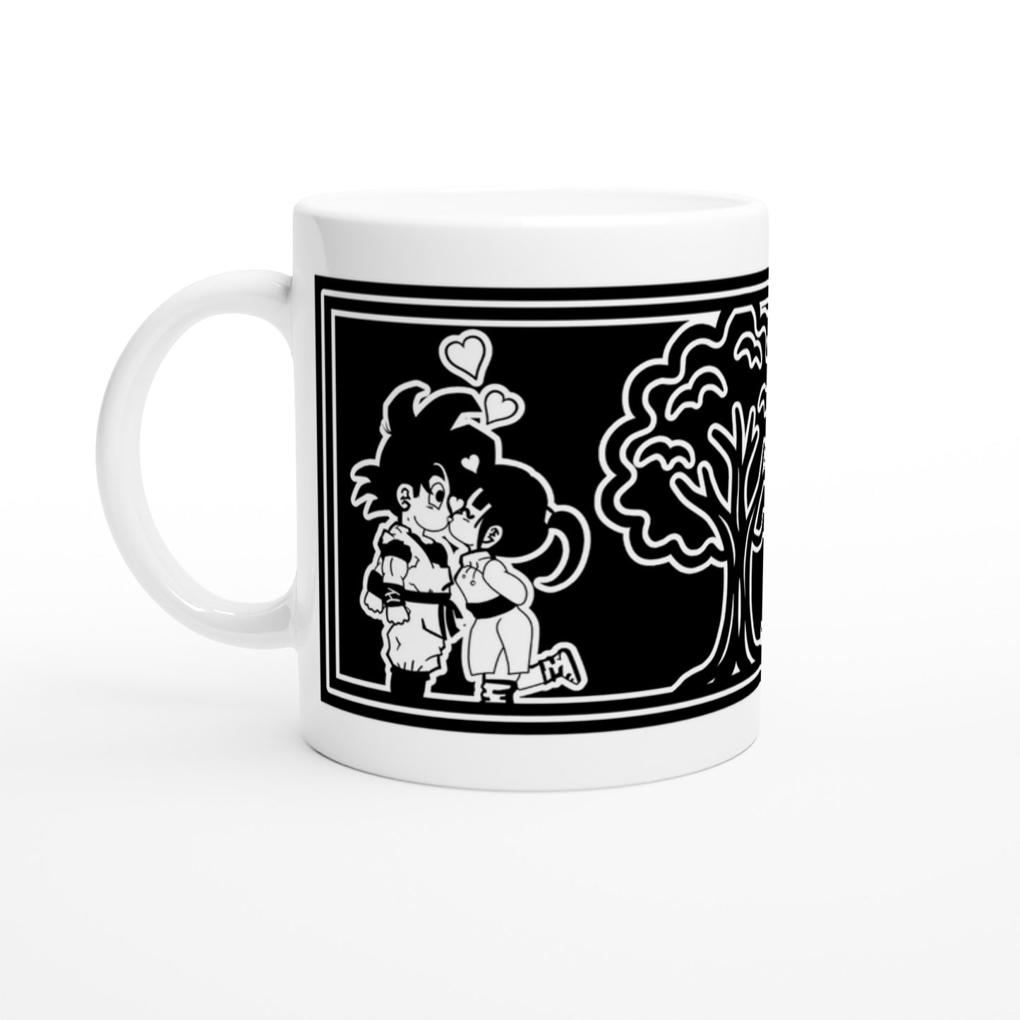 Taza friki Otaku Love 325 ml vista frontal, diseño romántico estilo anime en cerámica blanca con acabado brillante.