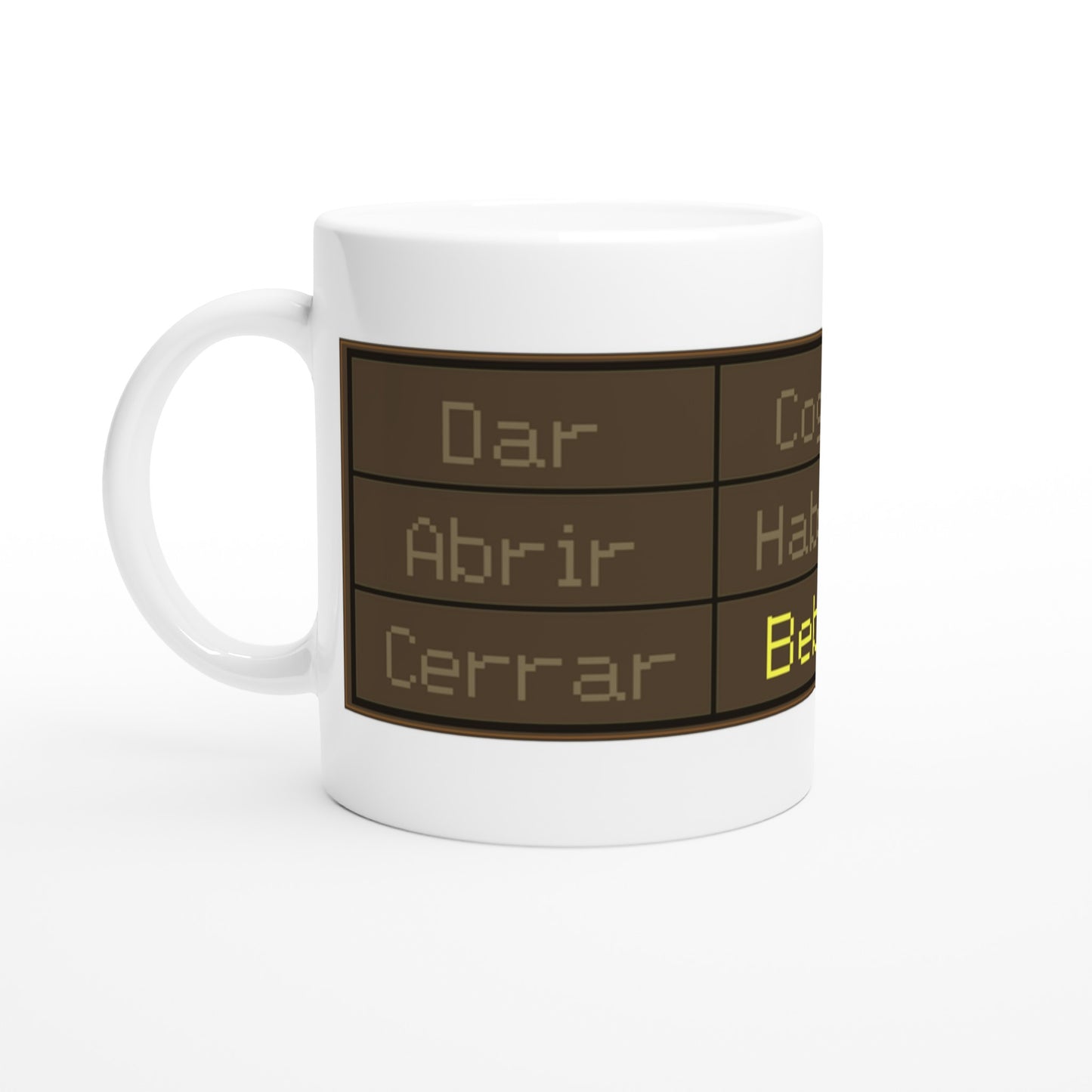 Taza friki Pixel Command 325 ml vista frontal, diseño gamer retro con interfaz pixelada y estilo nostálgico de aventuras clásicas.