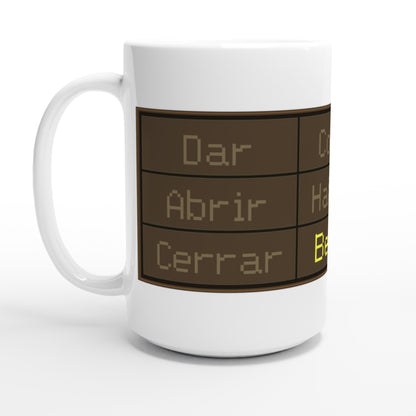 Taza friki Pixel Command 440 ml vista frontal, diseño retro gamer con interfaz pixelada y acabado semibrillante de gran formato.
