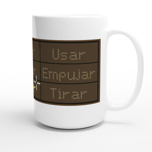 Taza friki Pixel Command 440 ml vista lateral, diseño inspirado en aventuras gráficas point-and-click con tipografía pixel y estilo nostálgico.