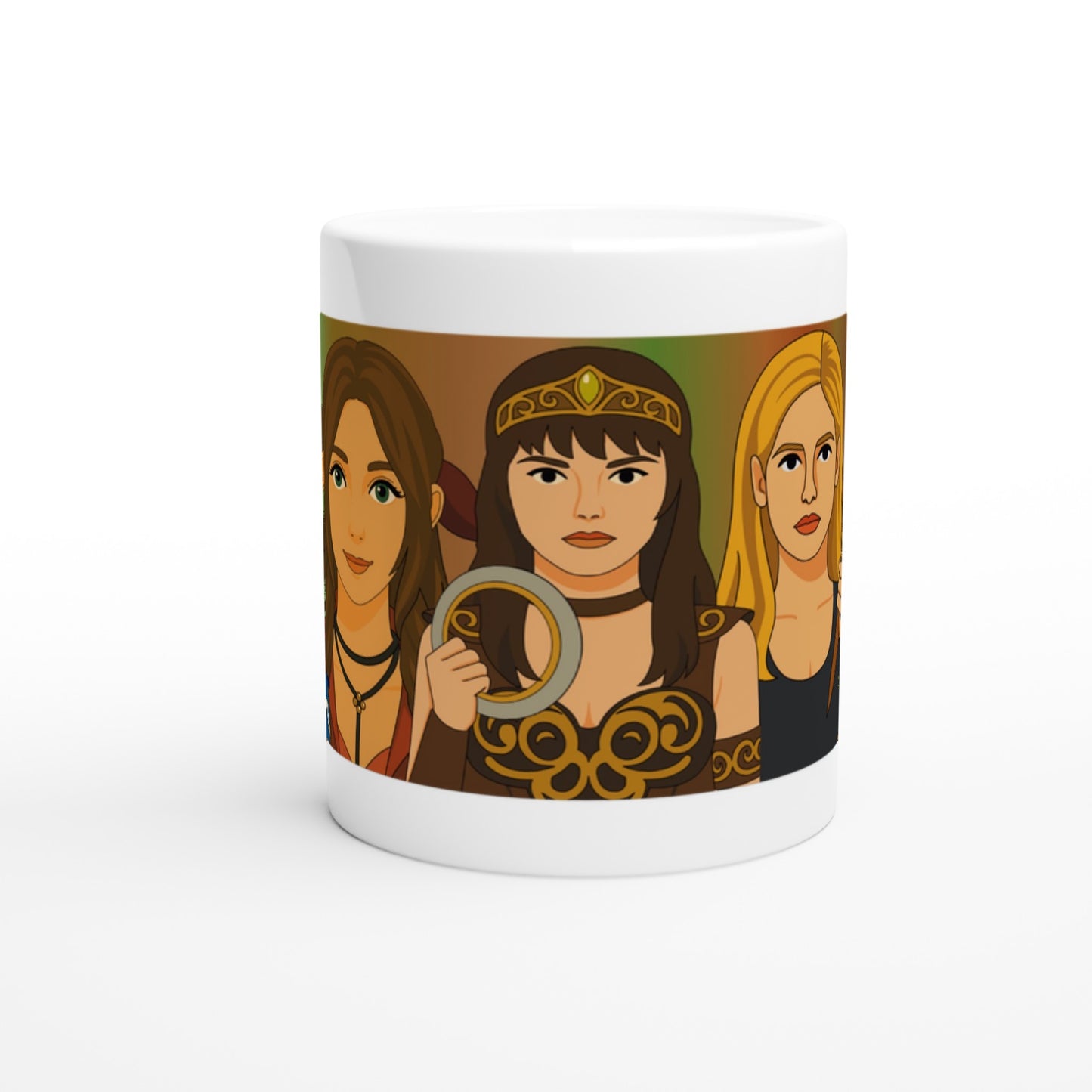 Taza friki Queens of Kick-Ass 325 ml sobre escritorio o mesa, diseño pop retro inspirado en heroínas de la cultura popular.