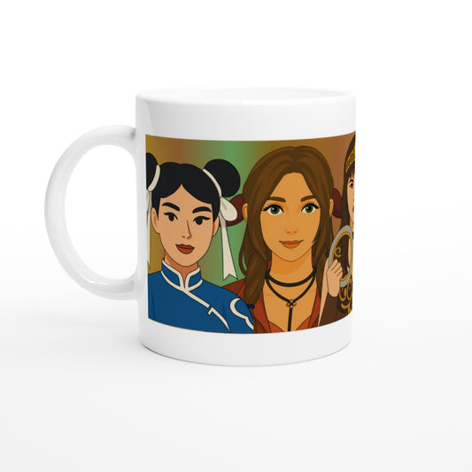 Taza friki Queens of Kick-Ass 325 ml vista frontal, diseño pop-art con heroínas retro y colores vivos sobre cerámica blanca.