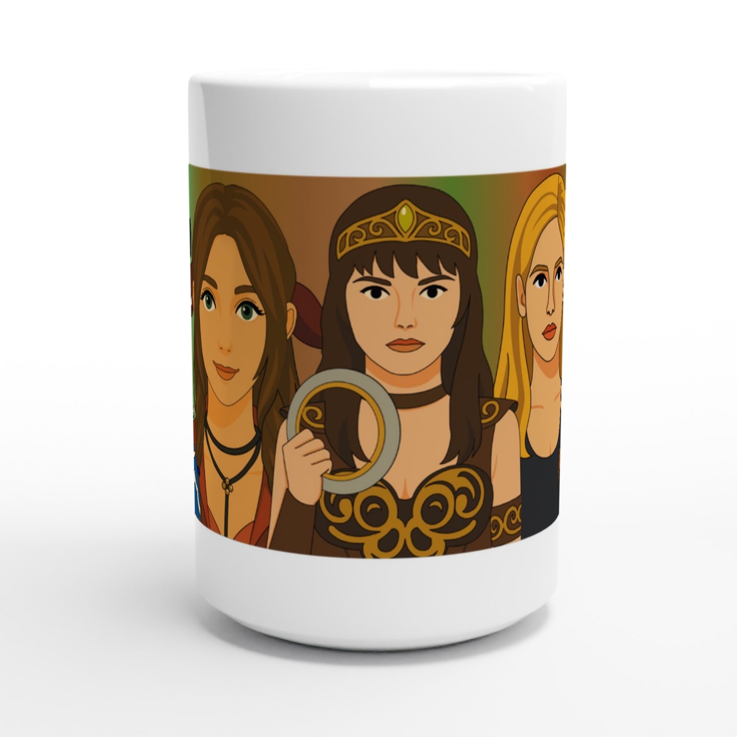 Taza friki Queens of Kick-Ass 440 ml colocada en escritorio o cocina, diseño pop-art inspirado en heroínas icónicas con actitud y color.