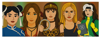 Diseño completo de la taza friki Queens of Kick-Ass 440 ml, composición pop con heroínas retro y estilo gráfico colorido.