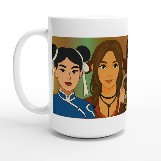 Taza friki Queens of Kick-Ass 440 ml vista frontal, diseño colorido con heroínas retro de cultura pop y acabado semibrillante premium.