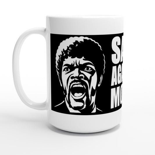 Taza friki Say What Again 440 ml vista frontal, diseño cinematográfico en alto contraste y formato grande con acabado brillante.